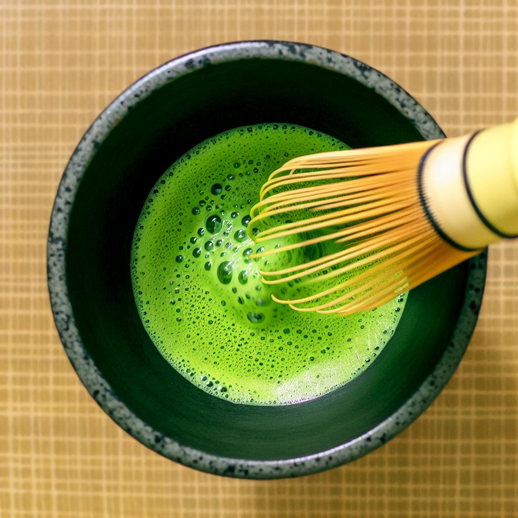 matcha tea with matcha whisk mixing into bowl
